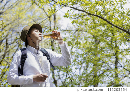 享受在新鮮綠樹中徒步旅行的年輕人 113203364