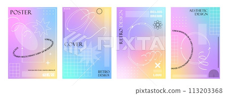 Color y2k aesthetic gradient brutal posters. Abstract hologram modern backgrounds with brutalism elements. Vector vertical cover templates with geometric figures, shapes and iridescent pastel colors 113203368