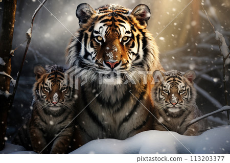 Image of family of siberian tigers is in the middle of a snowstorm in the forest. Mammals. Wildlife Animals. Ai. 113203377