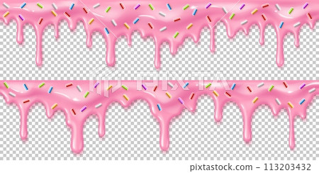 Realistic strawberry pink melting drip cream with candy sprinkles. 3d vector donut icing glaze, isolated candy melt border, cake liquid syrup flowing down. Sweet confectionery pouring down with drops 113203432