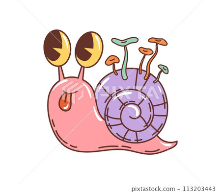 Cartoon groovy snail character. Isolated vector colorful, laid-back cochlea insect with oversized round eyes, sticking tongue and colorful mushrooms grow on spiral shell, cruising with a chill vibe 113203443