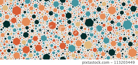 Hexagon terrazzo mosaic tile, terazzo marble stone floor, terazo pattern. Vector texture, seamless background, ornament with colorful hexagonal chips within a surface. Ceramic terrazo stone background 113203449