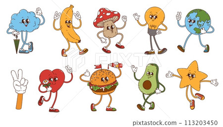 Cartoon retro groovy characters set. Vector cloud, banana, amanita mushroom and light bulb. Earth planet, hand with peace gesture, heart and burger with avocado and star. Psychedelic funky personages 113203450