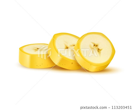 Realistic sliced banana fruit in unpeeled cut pieces, vector tropical farm food. Realistic unpeeled banana cut on slice pieces in closeup macro 3d for sweet dessert or organic juice package Realistic sliced banana fruit in unpeeled cut pieces, vector tropical farm food. Realistic unpeeled banana cut on slice pieces in closeup macro 3d for sweet dessert or organic juice package 113203451