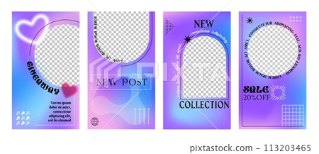 Purple and violet y2k brutal posters, social media post templates. Vector vertical story backgrounds with neon glowing gradients and geometric round and arched frames for sale or new collection promo Purple and violet y2k brutal posters, social media post templates. Vector vertical story backgrounds with neon glowing gradients and geometric round and arched frames for sale or new collection promo 113203465