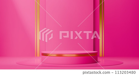 3d product pink podium stage. Realistic vector round fuchsia colored cylindrical pedestal mockup with golden decor. Elegant background for promoting women beauty products and cosmetics presentation 3d product pink podium stage. Realistic vector round fuchsia colored cylindrical pedestal mockup with golden decor. Elegant background for promoting women beauty products and cosmetics presentation 113203480