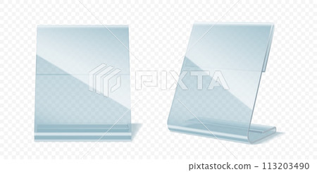 Table display stand, plastic or plexiglass holder for paper, price, card or menu isolated 3d vector mockup. Transparent acrylic accessories to showcase information during events or in the restaurant Table display stand, plastic or plexiglass holder for paper, price, card or menu isolated 3d vector mockup. Transparent acrylic accessories to showcase information during events or in the restaurant 113203490