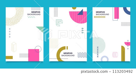 Poster or cover background, Memphis modern geometric design with abstract shapes. Vibrant vector vertical card templates, dynamic visual compositions with bold playful patterns and bright colors Poster or cover background, Memphis modern geometric design with abstract shapes. Vibrant vector vertical card templates, dynamic visual compositions with bold playful patterns and bright colors 113203492