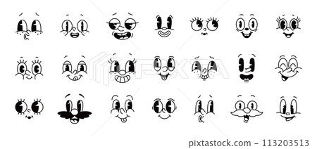 Cartoon comic groovy face emotions vector set, featuring lively expressions like joy, smile, surprise, and mischief. Whimsical characters feelings in retro funky style, monochrome personage emoticons 113203513