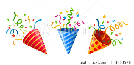 Holiday popper striped cone, birthday party firecrackers with confetti. Isolated cartoon vector vibrant shooters burst of joy, releasing festive ribbons to celebrate carnival bash or special occasion 113203526