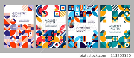 Modern geometric business posters, abstract background patterns with minimal shapes. Vector vintage art layout templates with typography and bold, primitive elements as circles, triangles and squares 113203530