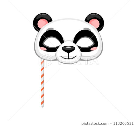 Panda animal carnival party mask. Festival or birthday costume. Isolated vector decorative festive face covering for children holiday celebration. Cute mask for kids with head of funny bear on stick 113203531