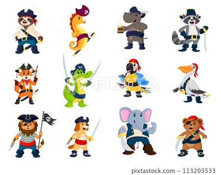 Cartoon funny animals and sea pirate characters, captain corsairs and sailors, vector personages. Caribbean pirate animals, lion in tricorne, parrot buccaneer in corsair bandana and bear with eyepatch Cartoon funny animals and sea pirate characters, captain corsairs and sailors, vector personages. Caribbean pirate animals, lion in tricorne, parrot buccaneer in corsair bandana and bear with eyepatch 113203533