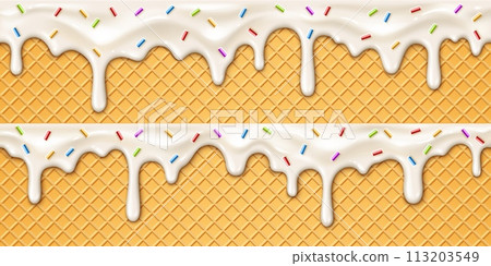 Realistic ice cream melting drip with candy sprinkles on wafer background. 3d vector molten syrup texture with drops on waffle cone. White sweet liquid splashes, glossy border with dripping droplets Realistic ice cream melting drip with candy sprinkles on wafer background. 3d vector molten syrup texture with drops on waffle cone. White sweet liquid splashes, glossy border with dripping droplets 113203549