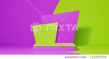 Contrast 3d product podium. Realistic 3d vector studio background with stage or pedestal in contrasting purple and green colors of wall and floor. Minimal geometric platform for presentation display Contrast 3d product podium. Realistic 3d vector studio background with stage or pedestal in contrasting purple and green colors of wall and floor. Minimal geometric platform for presentation display 113203558