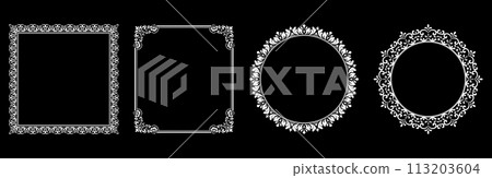 Set of decorative frames Elegant vector element for design in Eastern style, place for text. Floral black and white borders. Lace illustration for invitations and greeting cards. 113203604