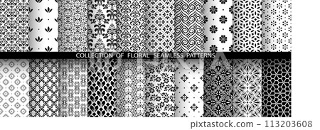 Geometric floral set of seamless patterns. White and black vector backgrounds. Damask graphic ornaments. Geometric floral set of seamless patterns. White and black vector backgrounds. Damask graphic ornaments. 113203608