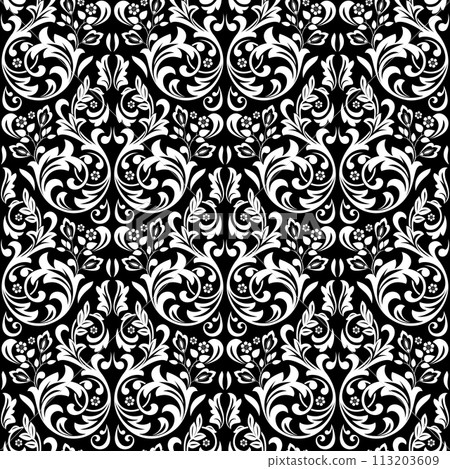 Floral pattern. Vintage wallpaper in the Baroque style. Seamless vector background. White and black ornament for fabric, wallpaper, packaging. Ornate Damask flower ornament. Floral pattern. Vintage wallpaper in the Baroque style. Seamless vector background. White and black ornament for fabric, wallpaper, packaging. Ornate Damask flower ornament. 113203609