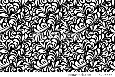 Flower pattern. Seamless white and black ornament. Graphic vector background. Ornament for fabric, wallpaper, packaging. Flower pattern. Seamless white and black ornament. Graphic vector background. Ornament for fabric, wallpaper, packaging. 113203636
