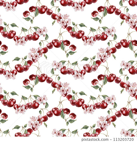 Cherry berries with flowers and leaves, watercolor floral seamless pattern on white background with spring blossom for table textile, porcelain tableware and delicious prints. Berry fruits for summer Cherry berries with flowers and leaves, watercolor floral seamless pattern on white background with spring blossom for table textile, porcelain tableware and delicious prints. Berry fruits for summer 113203720