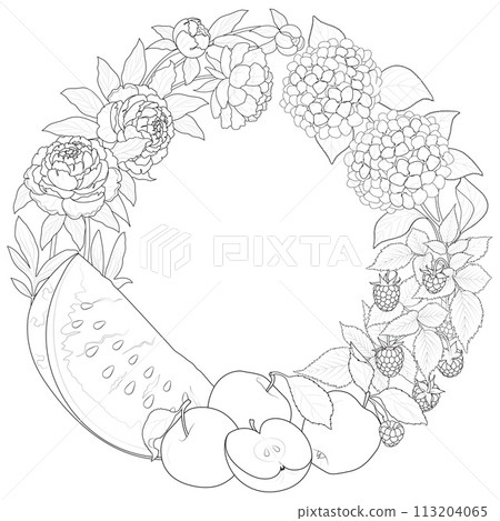 Summer wreath with beautiful flowers and ripe fruits. Hand drawn artwork. Black and white Summer wreath with beautiful flowers and ripe fruits. Hand drawn artwork. Black and white 113204065