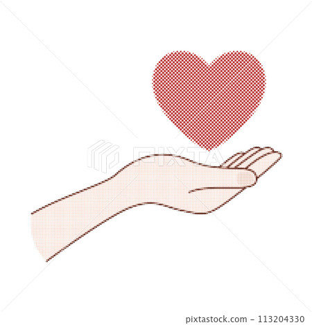 Hand holding a heart. Vintage Halftone Collage element with hand. Retro style. Hand holding a heart. Vintage Halftone Collage element with hand. Retro style. 113204330