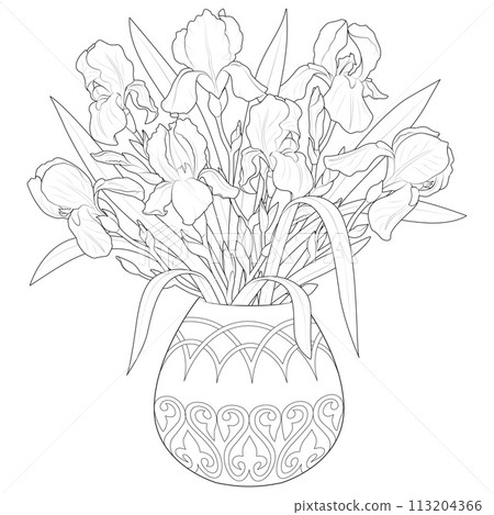 Vase with irises Black and white. Art therapy Coloring page Vase with irises Black and white. Art therapy Coloring page 113204366