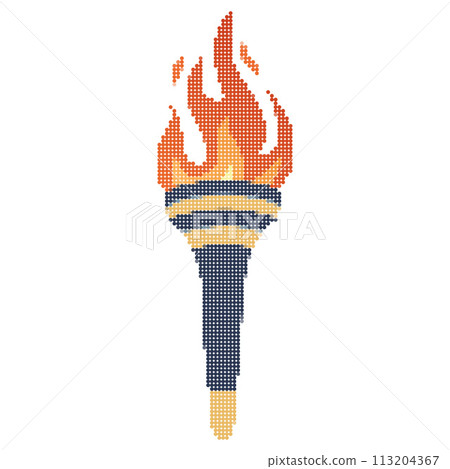 Pixel dots Flaming torch. Cartoon torch withe flame. Burning fire or flame. Sport fire sign.  113204367
