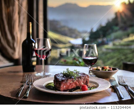 Steak and wine with a view Steak and wine with a view 113204404