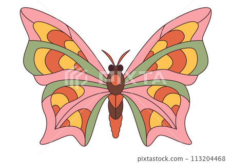 Groovy butterfly. Hippie 60s 70s retro style. Yellow, pink green colors. 113204468