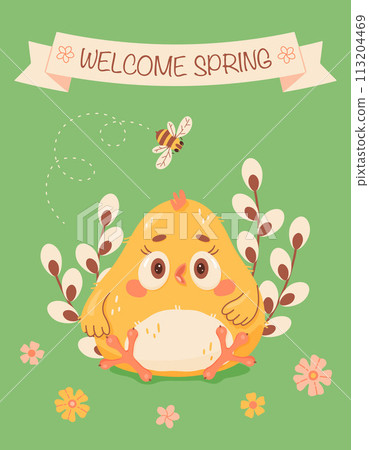 Welcom Spring greeting card with small chick, flowers and bee. Hand drawn cute cartoon chick. 113204469