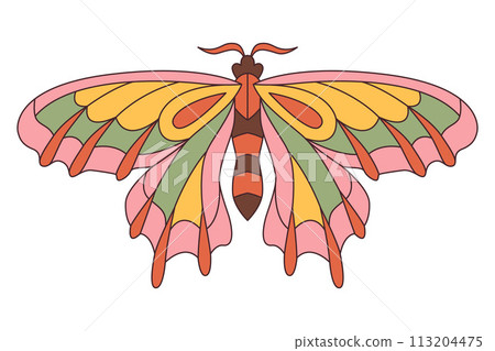 Groovy butterfly. Hippie 60s 70s retro style. Yellow, pink green colors. 113204475