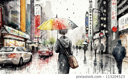 A woman walking down a rainy street in Tokyo: watercolor painting 113204523