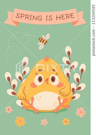 Spring is here greeting card with small chick, flowers and bee. Hand drawn cute cartoon chick. Spring is here greeting card with small chick, flowers and bee. Hand drawn cute cartoon chick. 113204585