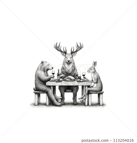 Pencil drawing illustrations of forest animals with a human touch 113204816