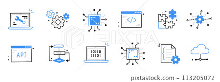 Software code icon doodle set. Hand drawn line sketch software coding doodle. Computer program build technology, data operate, application product test icon. Program build vector 113205072