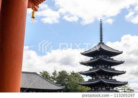 Kofukuji Temple: View of the five-story pagoda under restoration from the restored Chukondo Hall, Nara Prefecture 113205297