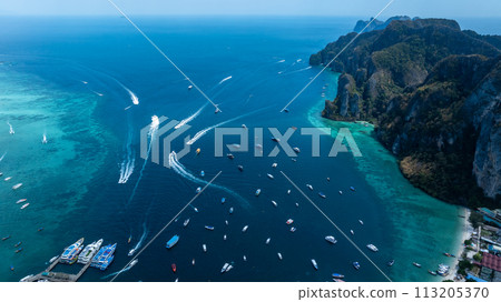 Aerial view boats on Phi Phi island Thailand, Tropical island with resorts, Phi Phi island, Krabi Province, Thailand Aerial view boats on Phi Phi island Thailand, Tropical island with resorts, Phi Phi island, Krabi Province, Thailand 113205370
