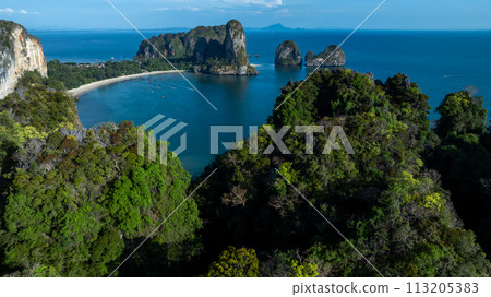 Aerial view beautiful Railay beach in Krabi province, Thailand, Railay beach in Krabi, Aerial view of Railay beach and coastline in Krabi province, Thailand. Aerial view beautiful Railay beach in Krabi province, Thailand, Railay beach in Krabi, Aerial view of Railay beach and coastline in Krabi province, Thailand. 113205383