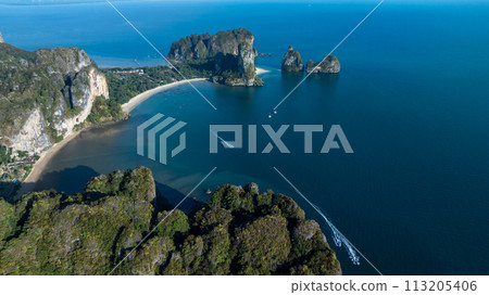Aerial view beautiful Railay beach in Krabi province, Thailand, Railay beach in Krabi, Aerial view of Railay beach and coastline in Krabi province, Thailand. 113205406