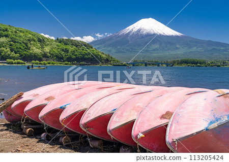 【山梨縣】初夏的富士山、河口湖畔的新綠 113205424