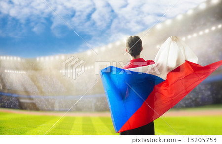 Czechia football team supporter on stadium. Czechia football team supporter on stadium. 113205753