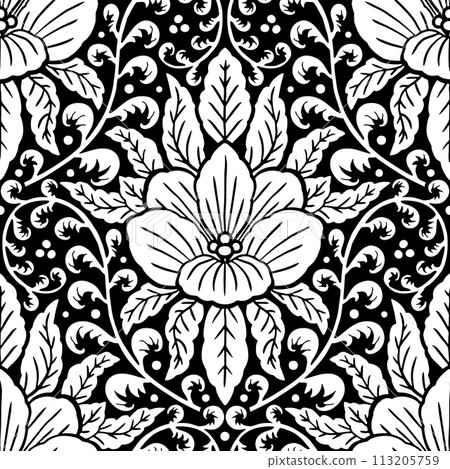 Seamless white Damask pattern on a black background. Seamless white Damask pattern on a black background. 113205759