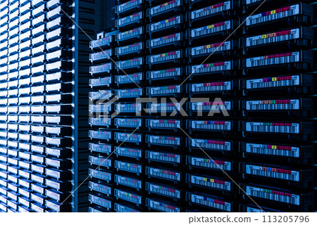 data cloud tapes inside data center racks data cloud tapes inside data center racks 113205796