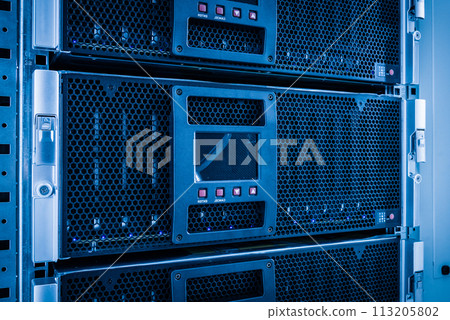Close-up of a server rack in data storage room Close-up of a server rack in data storage room 113205802