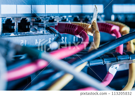 Detail of server with patch cables plugged in ethernet ports 113205832