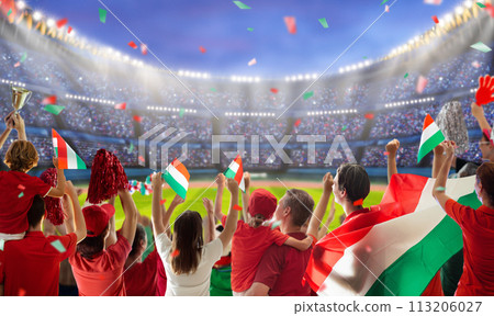 Hungary football team supporter on stadium. Hungary football team supporter on stadium. 113206027