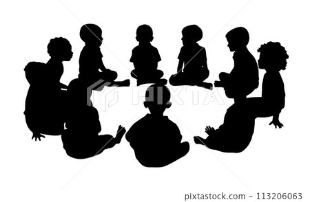Set of kids sitting in circle play and talk together, kids round circle, friendship silhouette Set of kids sitting in circle play and talk together, kids round circle, friendship silhouette 113206063