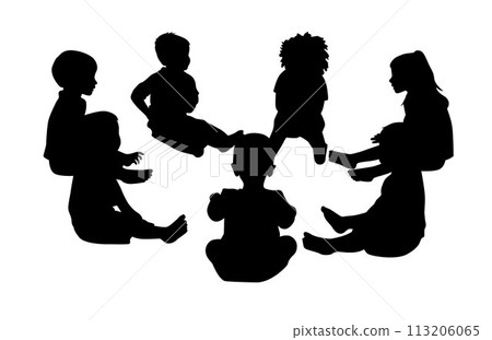 Set of kids sitting in circle play and talk together, kids round circle, friendship silhouette Set of kids sitting in circle play and talk together, kids round circle, friendship silhouette 113206065