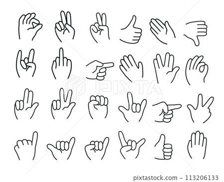 Cute hand icon set of various shapes, icons as fingers interaction, pinky swear, forefinger point, greeting, pinch Cute hand icon set of various shapes, icons as fingers interaction, pinky swear, forefinger point, greeting, pinch 113206133